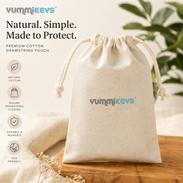Soft cotton storage pouch with drawstring for Yummirings and feeding jewellery