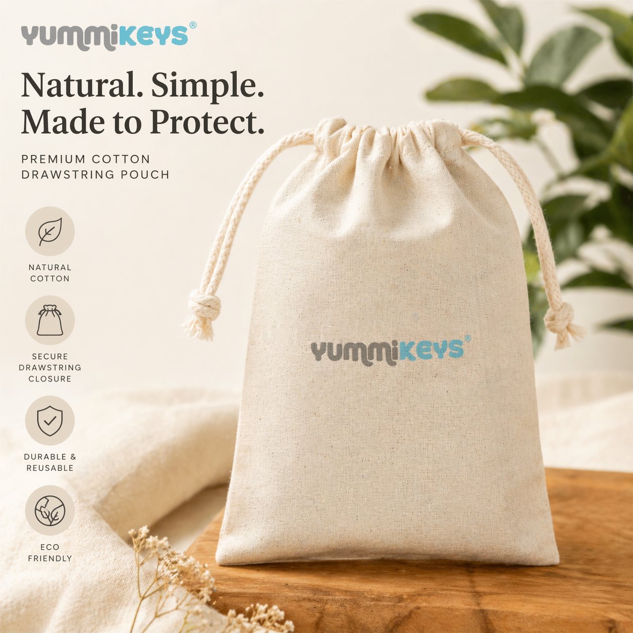Soft cotton storage pouch with drawstring for Yummirings and feeding jewellery