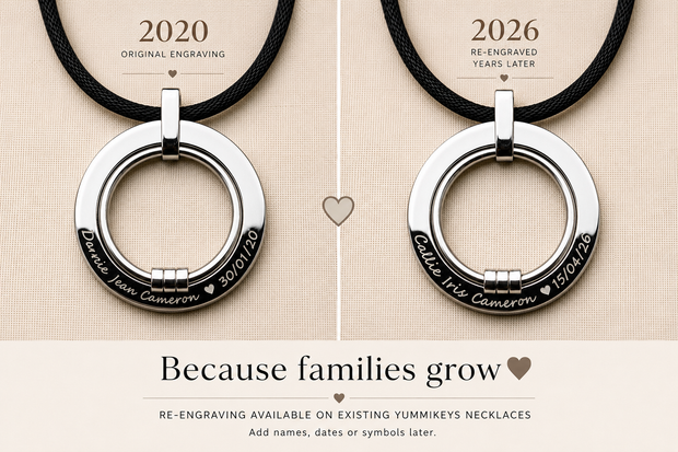 Yumminecklace Renewal re-engraving service with personalized names and dates on necklace