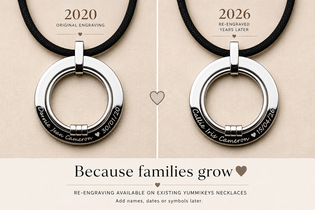 Yumminecklace Renewal re-engraving service with personalized names and dates on necklace
