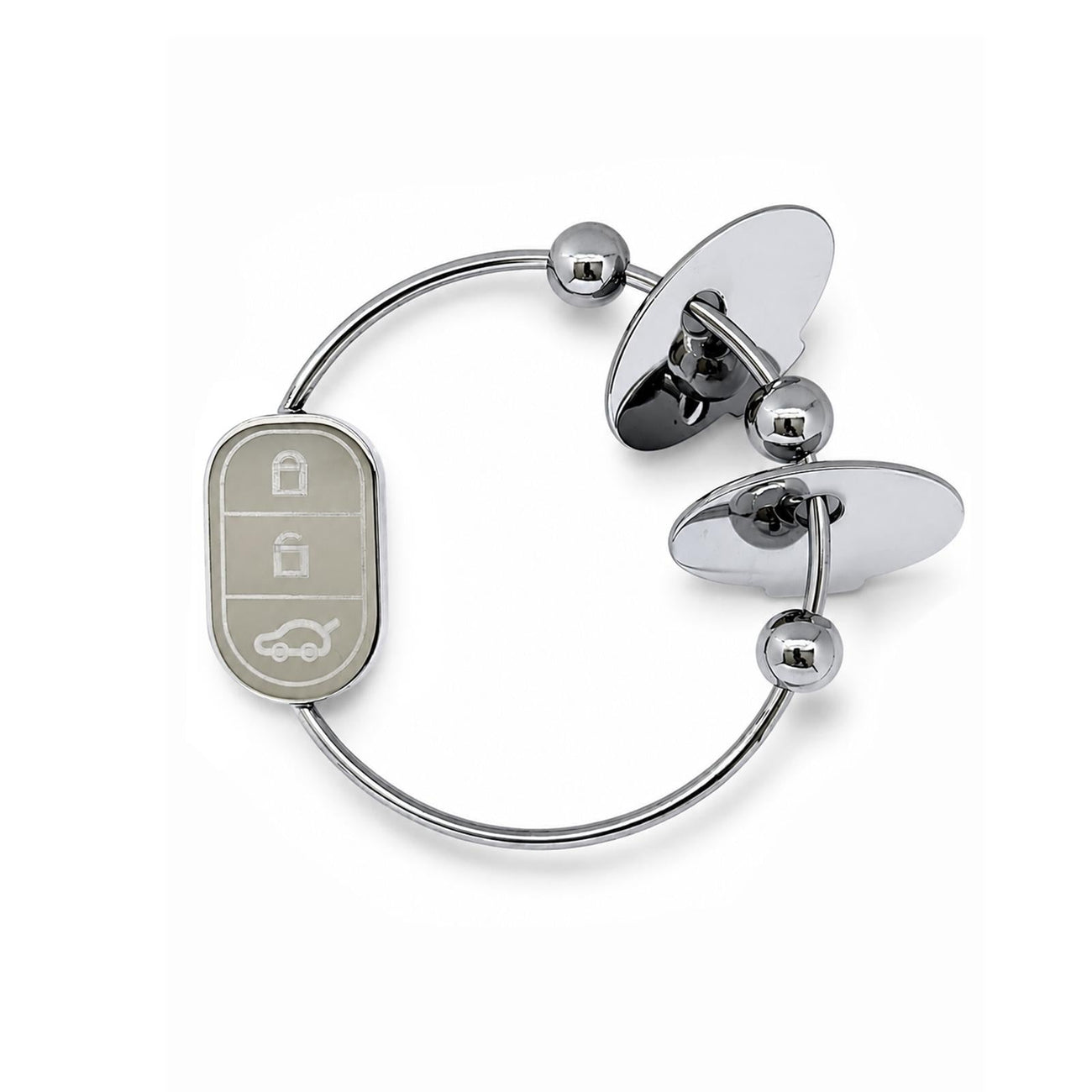 Engraved Yummikeys Car Keys sensory teether in silver stainless steel, with a smooth ring, rounded beads and key fob details.