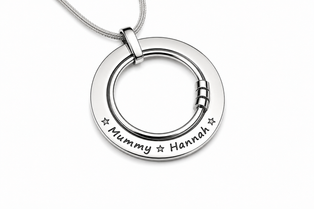 Engraved feeding necklace with two interlinked stainless steel rings on a cotton cord