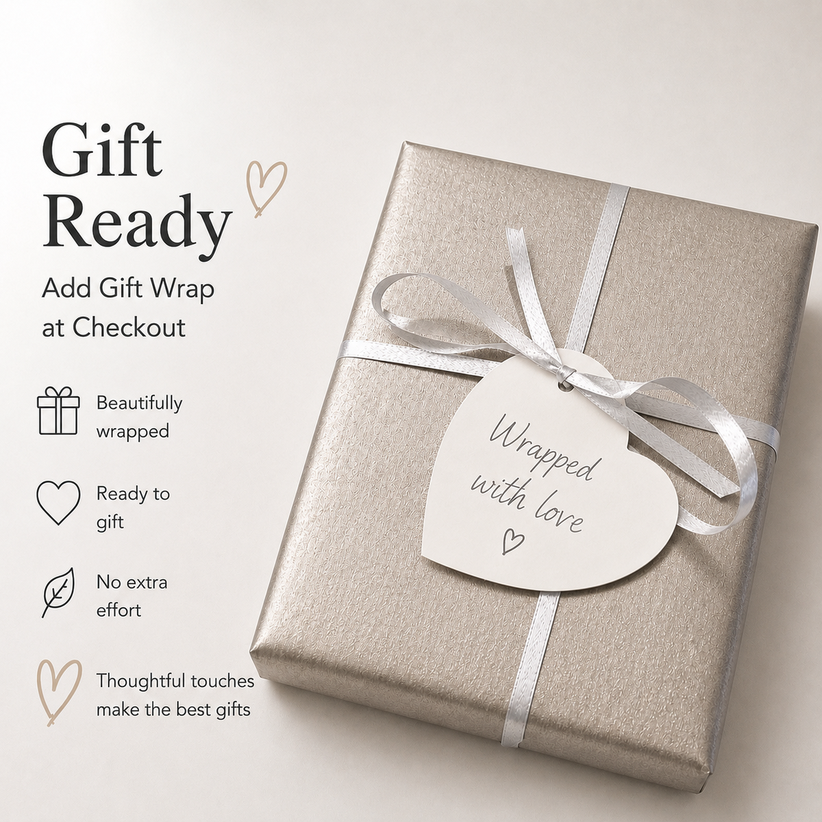 Silver kraft paper gift wrap with soft ribbon, logo seal, heart tag, and kraft gift box ready for gifting