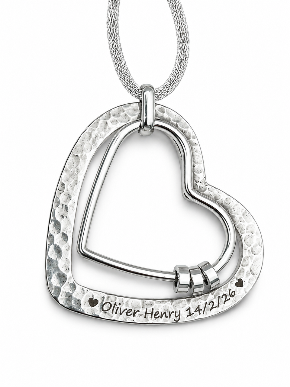 Engraved Textured Heart feeding necklace with durable stainless steel pendant and cotton cord for calming babies during feeds