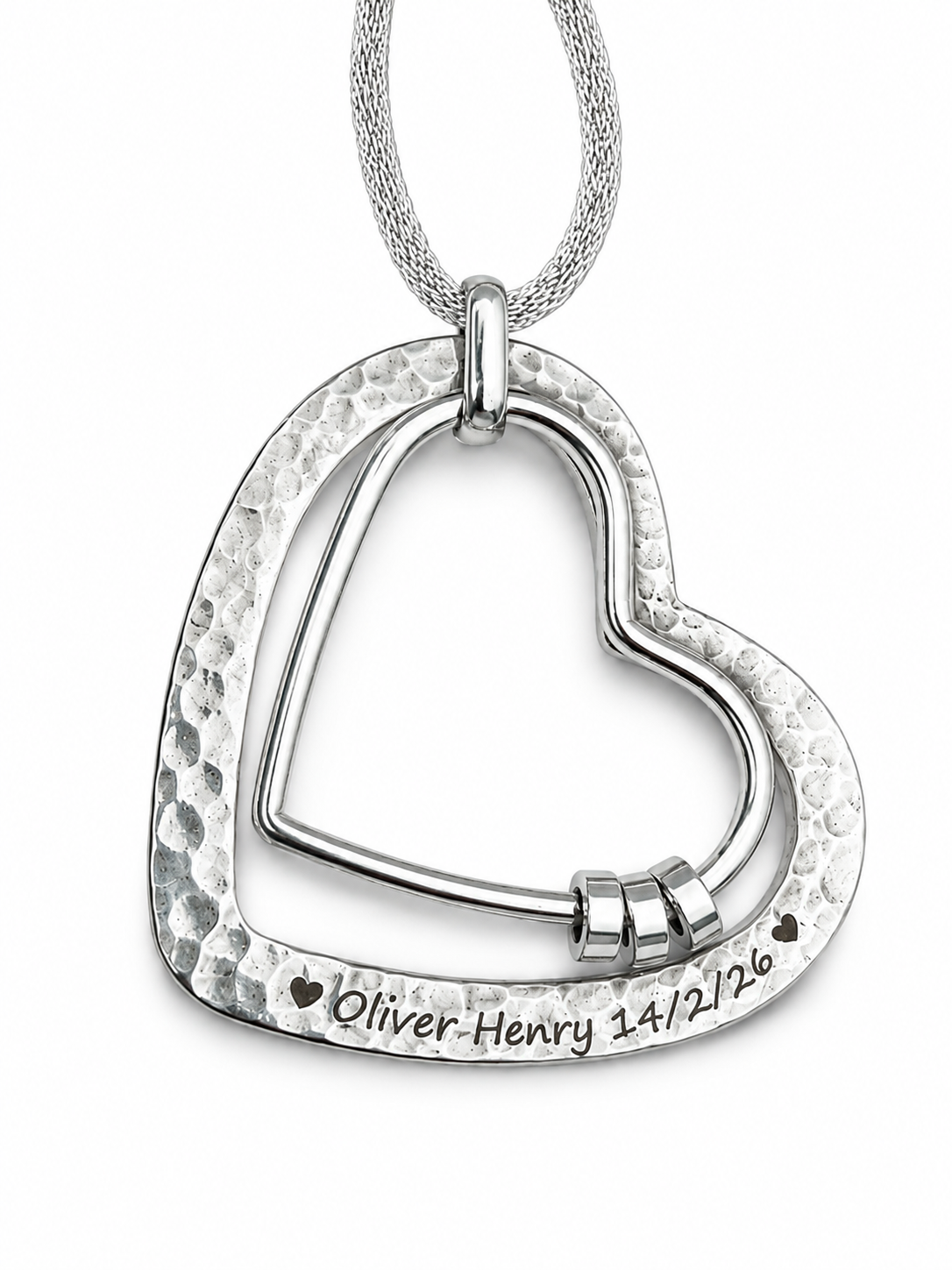 Engraved Textured Heart feeding necklace with durable stainless steel pendant and cotton cord for calming babies during feeds