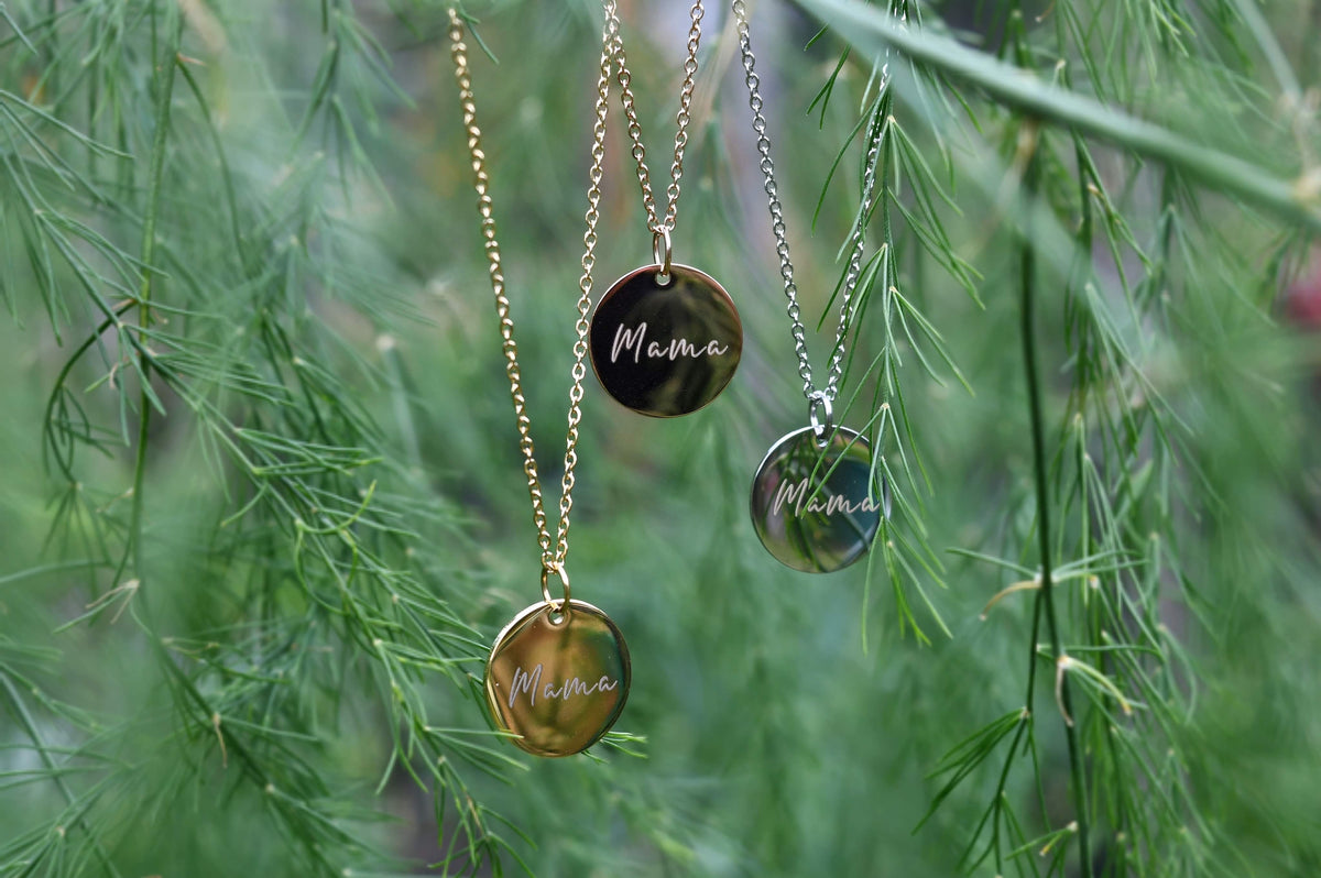engraved mama disc necklace in 3 finishes 